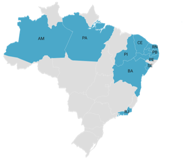 Mapa de atuação ENGELT — 11 estados